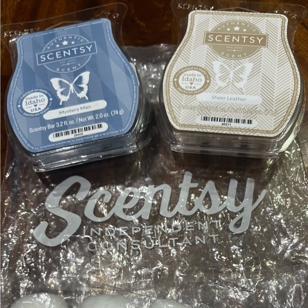 Scentsy 2 wax melts! Sheer leather & mystery man men air freshener NIP
